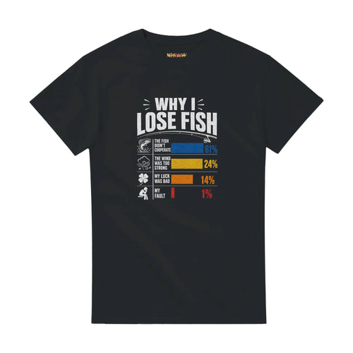 'Why I Lose Fish' chart print on a black tee, front